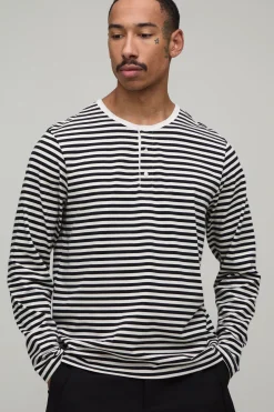 T-shirt Henley À Rayures Manches Longues Coupe Regular