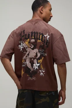 T-shirt Homme Chocolat Oversize Boxy À Motif Chérubin Effet Spray Wash