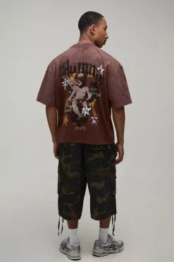 T-shirt Homme Chocolat Oversize Boxy À Motif Chérubin Effet Spray Wash