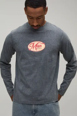 boohooMAN T-shirt Homme À Manches Longues Coupe Regular Finition Ovale Délavée<Homme T-Shirts