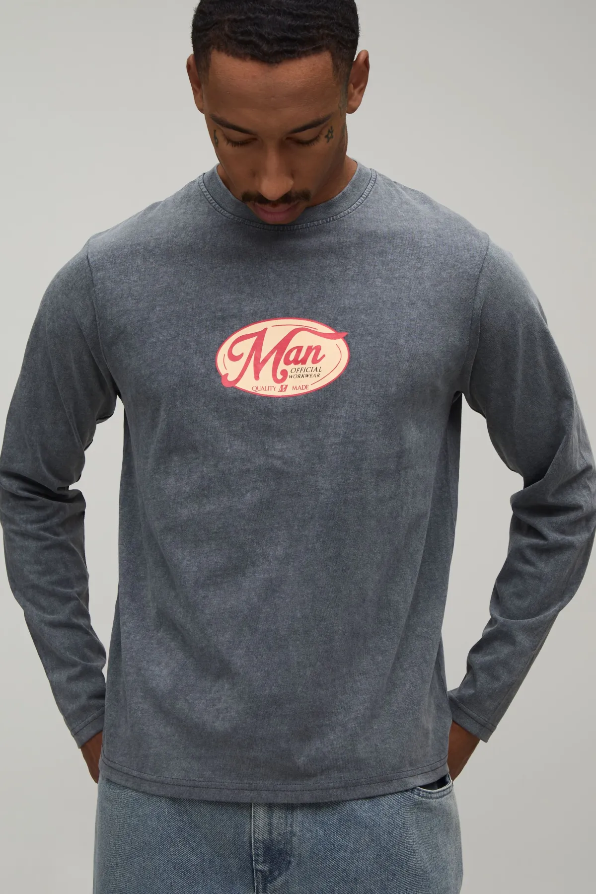 boohooMAN T-shirt Homme À Manches Longues Coupe Regular Finition Ovale Délavée<Homme T-Shirts