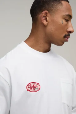 boohooMAN T-shirt Homme Oversize Col Allongé Avec Poche Et Appliqué En Coton Épais<Homme T-Shirts