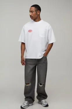 boohooMAN T-shirt Homme Oversize Col Allongé Avec Poche Et Appliqué En Coton Épais<Homme T-Shirts