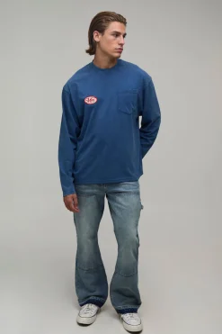 T-shirt Homme Oversize À Manches Longues Avec Poche Et Finition Délavée Appliquée