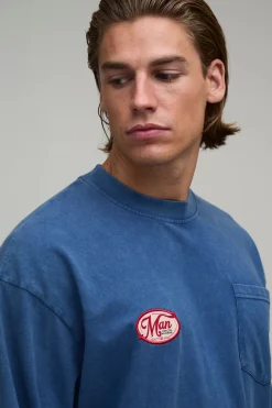 T-shirt Homme Oversize À Manches Longues Avec Poche Et Finition Délavée Appliquée