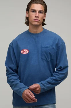T-shirt Homme Oversize À Manches Longues Avec Poche Et Finition Délavée Appliquée