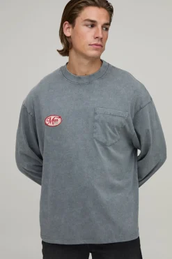 boohooMAN T-shirt Homme Oversize Manches Longues Avec Poche Et Finition Délavée Appliquée<Homme T-Shirts