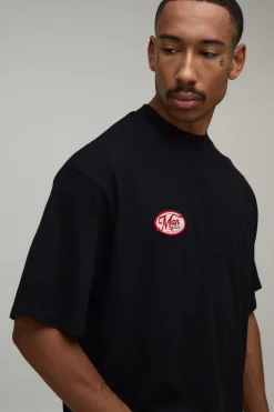 boohooMAN T-shirt Homme Oversize Poids Lourd Avec Appliqué Col Étendu Et Poche Poitrine<Homme T-Shirts