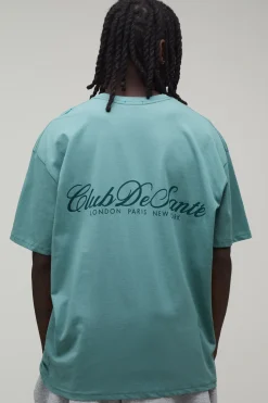 T-shirt Imprimé Club De Santé Oversize Bleu Sarcelle Délavé