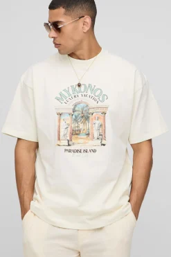 boohooMAN T-shirt imprimé à encolure étendue surdimensionné Mykonos Paradise Island<Homme T-Shirts Impriméstendances|T-Shirts