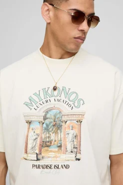 boohooMAN T-shirt imprimé à encolure étendue surdimensionné Mykonos Paradise Island<Homme T-Shirts Impriméstendances|T-Shirts