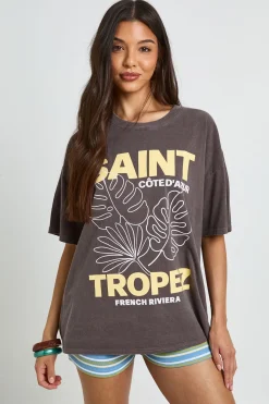 boohoo T-shirt Imprimé Saint Tropez<Femme Looks Chocolat|Tops