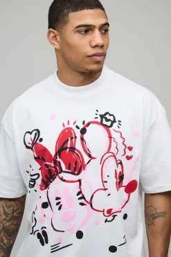 boohooMAN T-Shirt Imprimé sous Licence Disney Mickey & Minnie Mouse à Col Étendu et Coupe Oversize<Homme Nouveautés Grande Taille|Tout Afficher