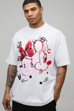 boohooMAN T-Shirt Imprimé sous Licence Disney Mickey & Minnie Mouse à Col Étendu et Coupe Oversize<Homme Nouveautés Grande Taille|Tout Afficher