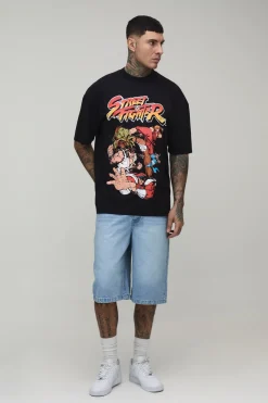 T-Shirt Imprimé Street Fighter Licence Délavé à l'Acide Oversize Grande Taille