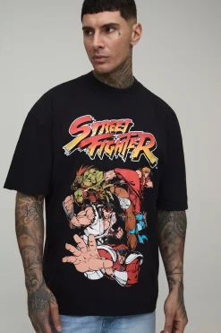 T-Shirt Imprimé Street Fighter Licence Délavé à l'Acide Oversize Grande Taille