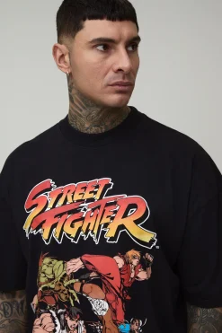 T-Shirt Imprimé Street Fighter Licence Délavé à l'Acide Oversize Grande Taille