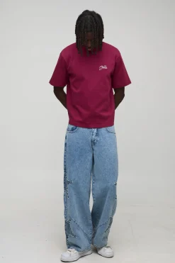 T-shirt interlock régulier en tissu lourd orné de fausses perles