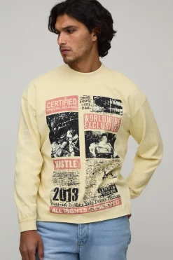 boohooMAN T-shirt Délavé À Manches Longues Coupe Oversize Ample Avec Imprimé Magazine Et Ourlet Brut<Homme T-Shirts Impriméstendances|T-Shirts