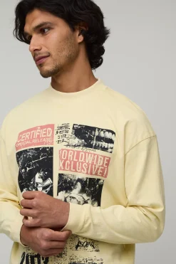 boohooMAN T-shirt Délavé À Manches Longues Coupe Oversize Ample Avec Imprimé Magazine Et Ourlet Brut<Homme T-Shirts Impriméstendances|T-Shirts