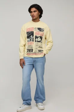 boohooMAN T-shirt Délavé À Manches Longues Coupe Oversize Ample Avec Imprimé Magazine Et Ourlet Brut<Homme T-Shirts Impriméstendances|T-Shirts