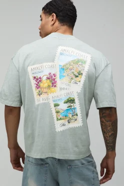 boohooMAN T-shirt Oversize Coupe Boxy Imprimé Carte Postale Col Allongé<Homme T-Shirts Impriméstendances|T-Shirts