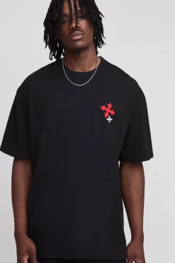 boohooMAN T-shirt long oversize à broderie croisée<Homme T-Shirts Tall|Tout Afficher