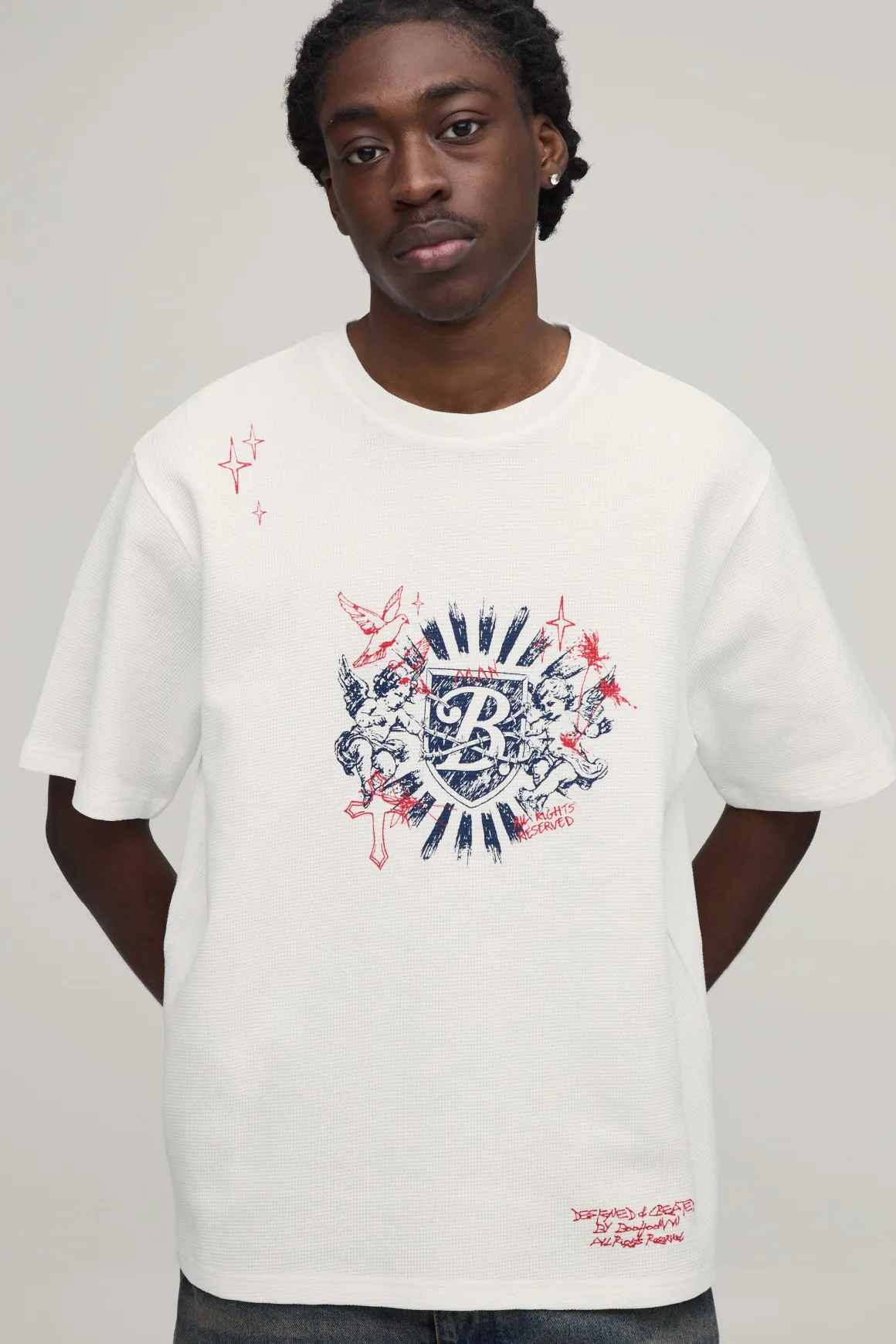 T-shirt À Manches Courtes Coupe Décontractée Imprimé Gaufré Doodle