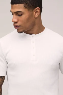 T-Shirt à Manches Courtes Coupe Ajustée Côtelé Col Henley
