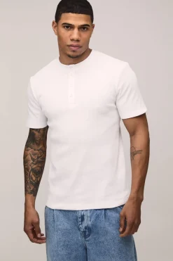 T-Shirt à Manches Courtes Coupe Ajustée Côtelé Col Henley