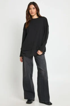 boohoo T-shirt à Manches Longues avec Bordure en Dentelle à l'Ourlet<Femme Satin Et Dentelle|Tops
