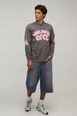 T-shirt À Manches Longues Délavé Imprimé Worldwide Chocolat