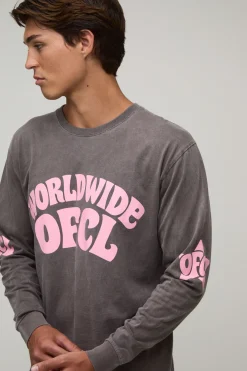 T-shirt À Manches Longues Délavé Imprimé Worldwide Chocolat