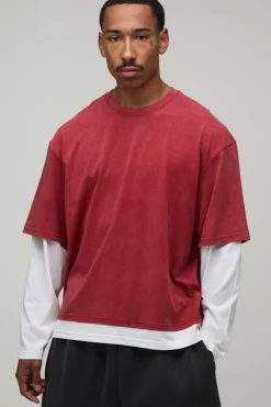 boohooMAN T-shirt Manches Longues Effet Double Couche Coupe Regular Essentiel Délavé<Homme T-Shirts|Essentiels