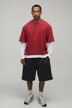 boohooMAN T-shirt Manches Longues Effet Double Couche Coupe Regular Essentiel Délavé<Homme T-Shirts|Essentiels