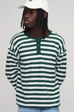 boohooMAN T-shirt À Manches Longues En Maille Rayée Coupe Regular Avec Col Henley<Homme T-Shirts|Maille