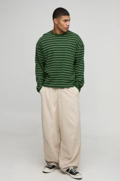 T-Shirt Manches Longues Gaufré Rayé Oversize Poids Lourd