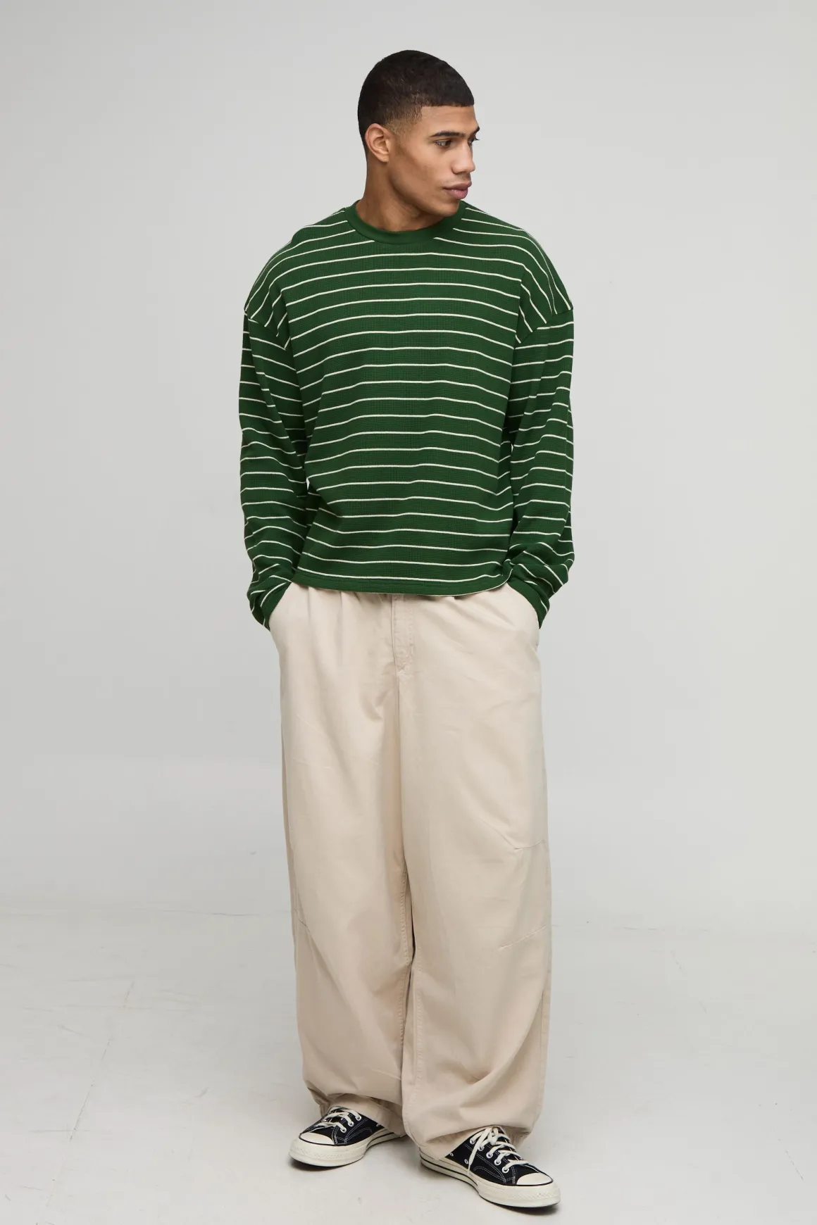 T-Shirt Manches Longues Gaufré Rayé Oversize Poids Lourd