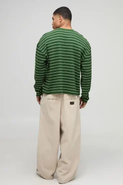 T-Shirt Manches Longues Gaufré Rayé Oversize Poids Lourd