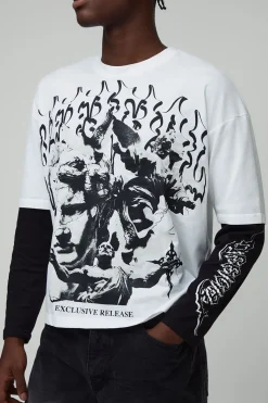 boohooMAN T-shirt à manches longues gothique imprimé, surdimensionné et à coupe boxy, effet superposition<Homme T-Shirts Impriméstendances|T-Shirts