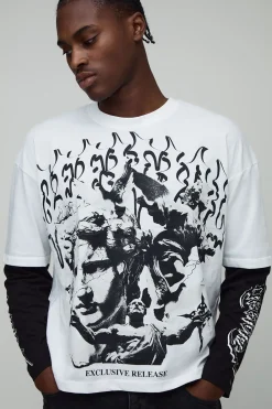 boohooMAN T-shirt à manches longues gothique imprimé, surdimensionné et à coupe boxy, effet superposition<Homme T-Shirts Impriméstendances|T-Shirts