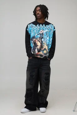 T-Shirt Manches Longues Graphique Gothic Western Délavé Oversize