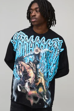 T-Shirt Manches Longues Graphique Gothic Western Délavé Oversize