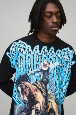 T-Shirt Manches Longues Graphique Gothic Western Délavé Oversize