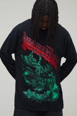 T-shirt À Manches Longues Oversize Judas Priest Imprimé Sous Licence Délavage Acide