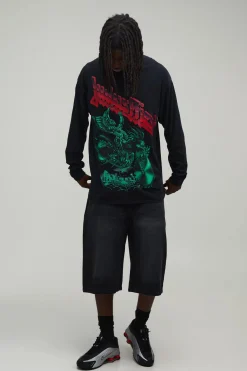 T-shirt À Manches Longues Oversize Judas Priest Imprimé Sous Licence Délavage Acide