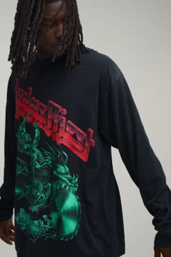 T-shirt À Manches Longues Oversize Judas Priest Imprimé Sous Licence Délavage Acide