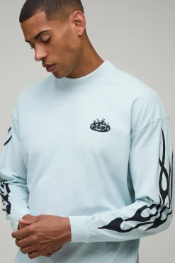 boohooMAN T-shirt Manches Longues Oversize Imprimé Flammes<Homme T-Shirts Impriméstendances|T-Shirts
