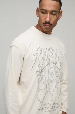 T-shirt Manches Longues Oversize Graphique Coutures Apparentes Effet Délavé Imprimé