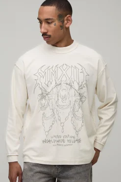 T-shirt Manches Longues Oversize Graphique Coutures Apparentes Effet Délavé Imprimé